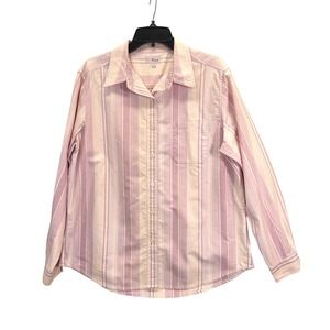 L L Bean Women Striped Button Down Shirt L REG Pink White Cotton Long Sleeve